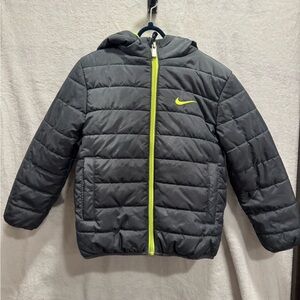 Nike Toddler Boys Gray Hooded Puffer Jacket with Neon Green Logo, Size 4T